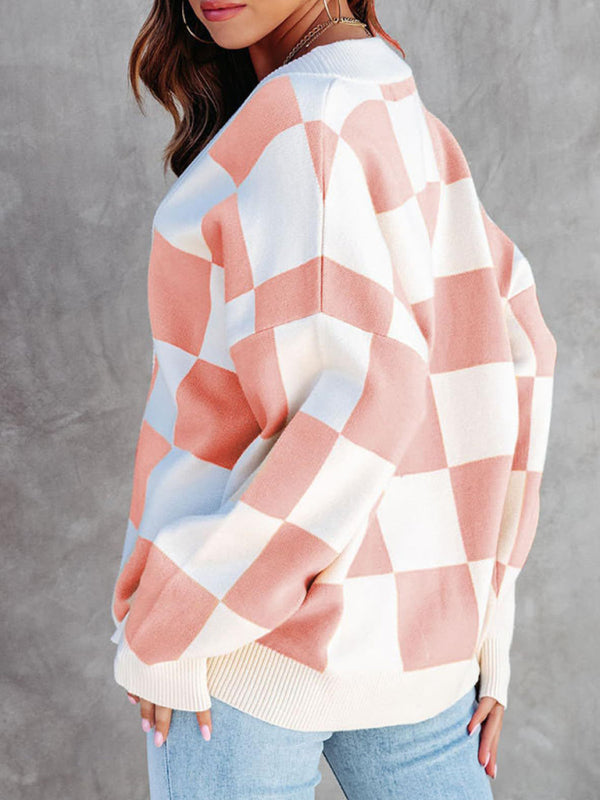 Carolina Women's Checkerboard Casual Loose Button Cardigan
