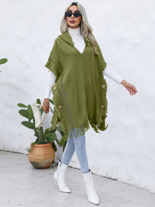 Loretta Women's Casual Loose V-Tie Hooded Pullover Mid-Length Sweater Vest Cloak Top Jacket