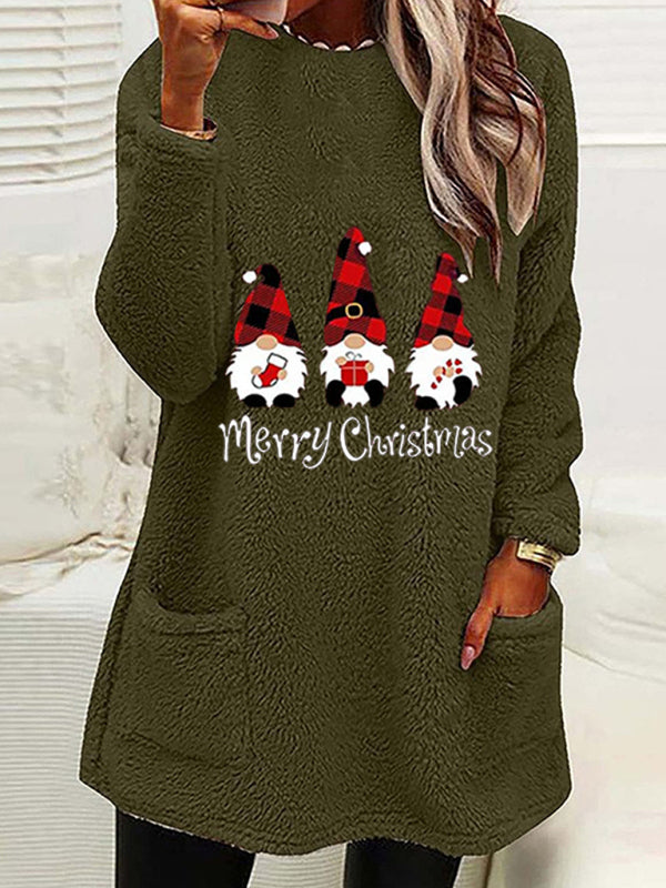 Lillie Women's Long Sleeve Casual Round Neck Pullover Pocket Christmas Plush Sweatshirt