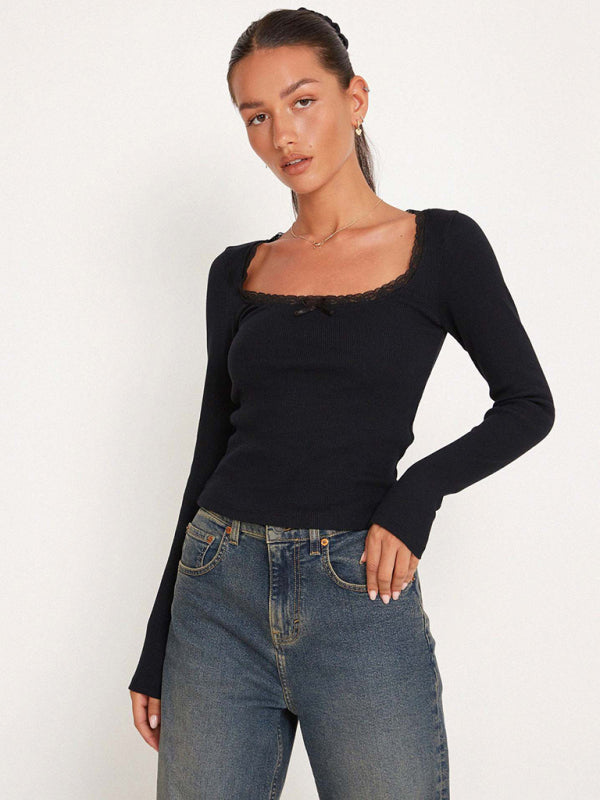 Cori Women's New Fashion And Sexy U-Neck Small Lace Knitted Bottoming Shirt