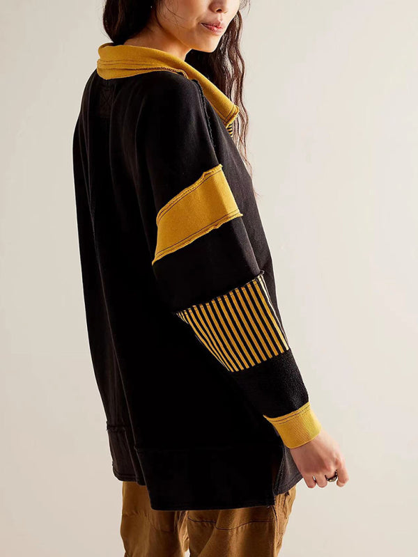 Nikita Women's Loose V-Neck Casual Long-Sleeved Patchwork Sweatshirt