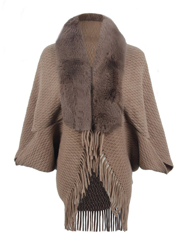 Ivy Women's Fur Collar Knitted Tassel Cape Cardigan