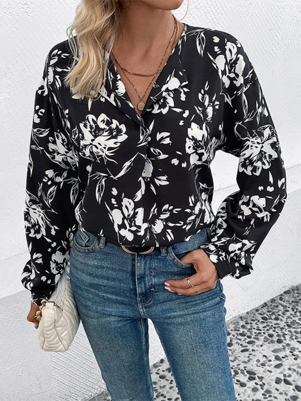 Arista New Women's Black And White Flower Printed Lapel Long-Sleeved Shirt
