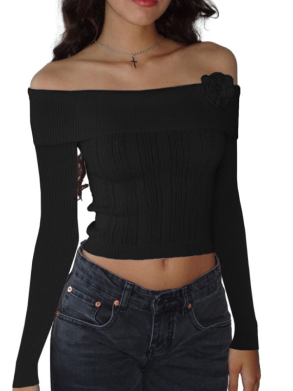 Isla Sexy One-Shoulder Three-Dimensional Floral Long-Sleeved Knitted Top