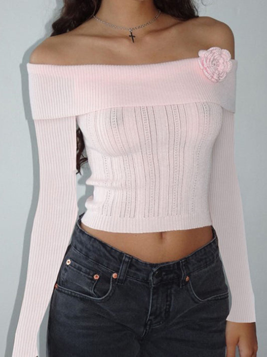 Isla Sexy One-Shoulder Three-Dimensional Floral Long-Sleeved Knitted Top