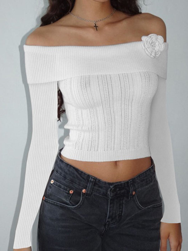 Isla Sexy One-Shoulder Three-Dimensional Floral Long-Sleeved Knitted Top