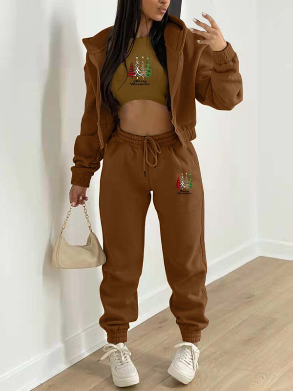Oakleigh New Velvet Sweatshirt Christmas Tree Print Hooded Sports And Leisure Suit (three-piece set)