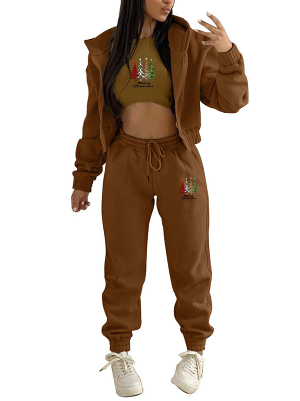 Oakleigh New Velvet Sweatshirt Christmas Tree Print Hooded Sports And Leisure Suit (three-piece set)