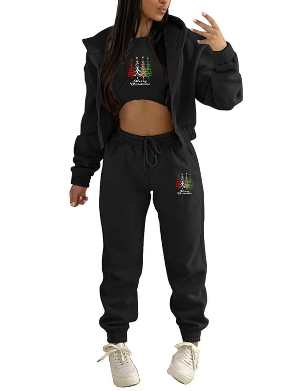 Oakleigh New Velvet Sweatshirt Christmas Tree Print Hooded Sports And Leisure Suit (three-piece set)