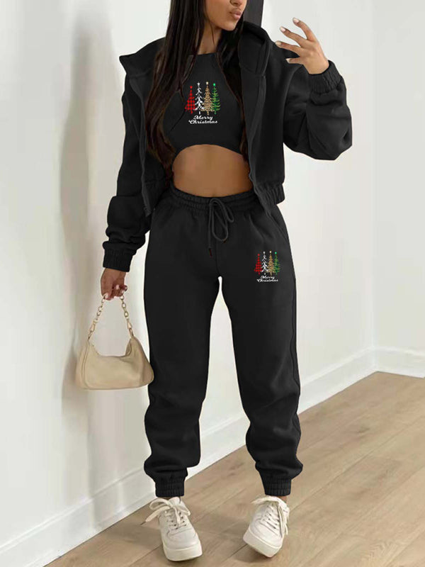 Oakleigh New Velvet Sweatshirt Christmas Tree Print Hooded Sports And Leisure Suit (three-piece set)