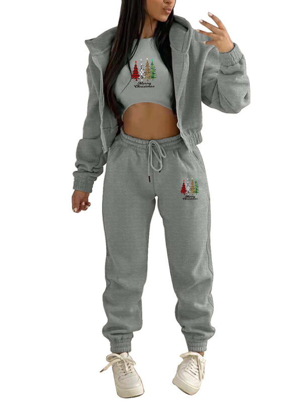 Oakleigh New Velvet Sweatshirt Christmas Tree Print Hooded Sports And Leisure Suit (three-piece set)