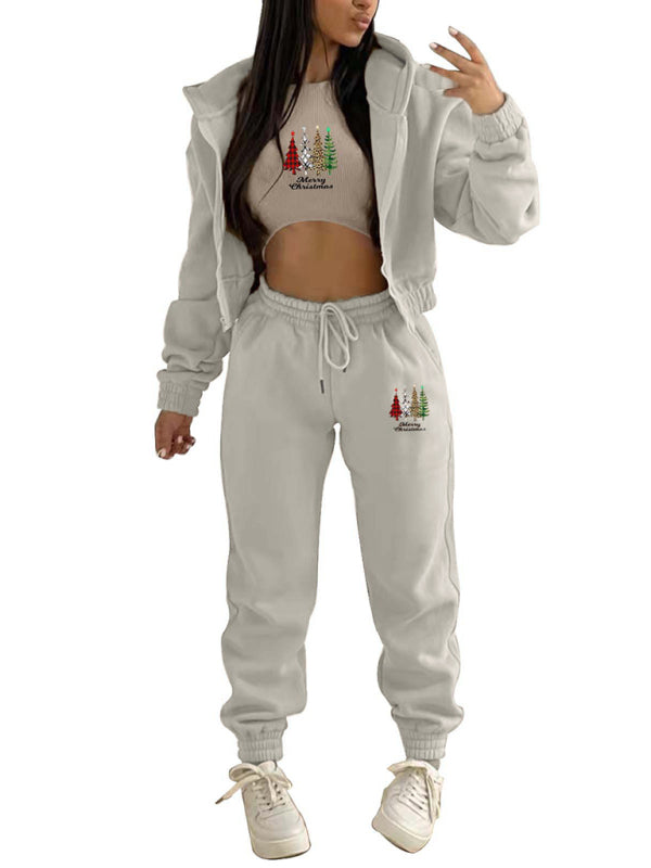 Oakleigh New Velvet Sweatshirt Christmas Tree Print Hooded Sports And Leisure Suit (three-piece set)