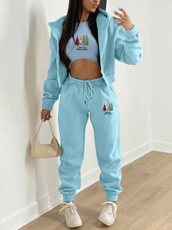 Oakleigh New Velvet Sweatshirt Christmas Tree Print Hooded Sports And Leisure Suit (three-piece set)