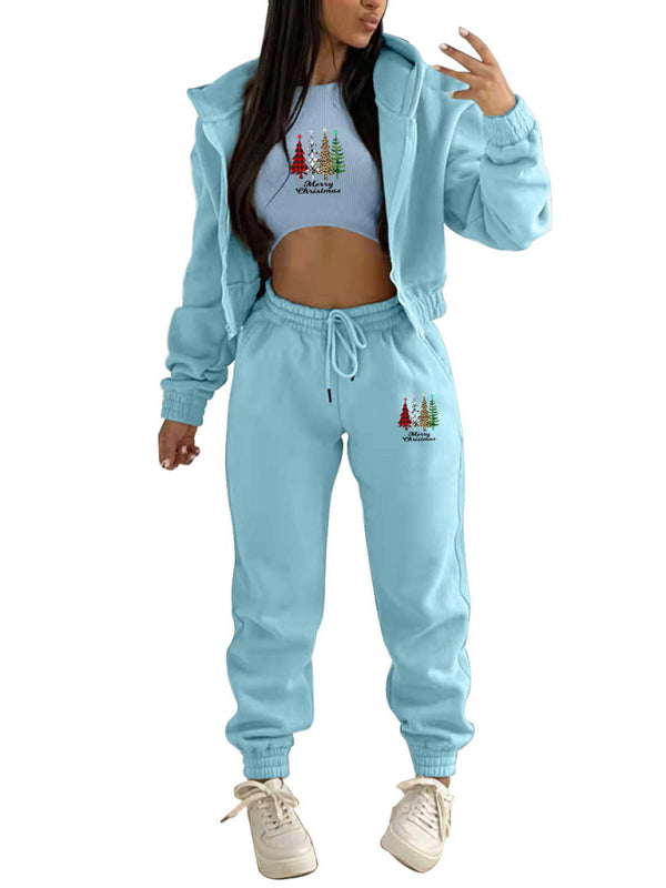 Oakleigh New Velvet Sweatshirt Christmas Tree Print Hooded Sports And Leisure Suit (three-piece set)