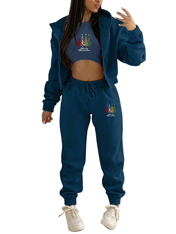 Oakleigh New Velvet Sweatshirt Christmas Tree Print Hooded Sports And Leisure Suit (three-piece set)