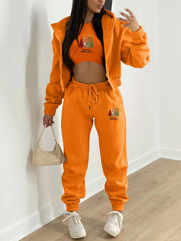 Oakleigh New Velvet Sweatshirt Christmas Tree Print Hooded Sports And Leisure Suit (three-piece set)