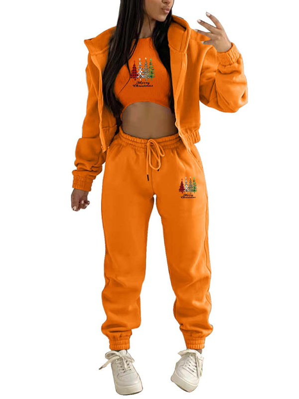 Oakleigh New Velvet Sweatshirt Christmas Tree Print Hooded Sports And Leisure Suit (three-piece set)
