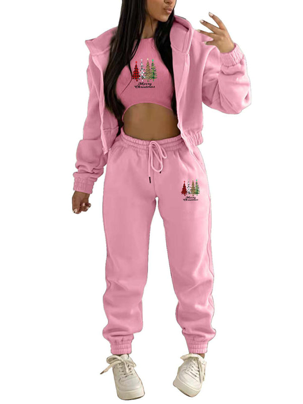 Oakleigh New Velvet Sweatshirt Christmas Tree Print Hooded Sports And Leisure Suit (three-piece set)