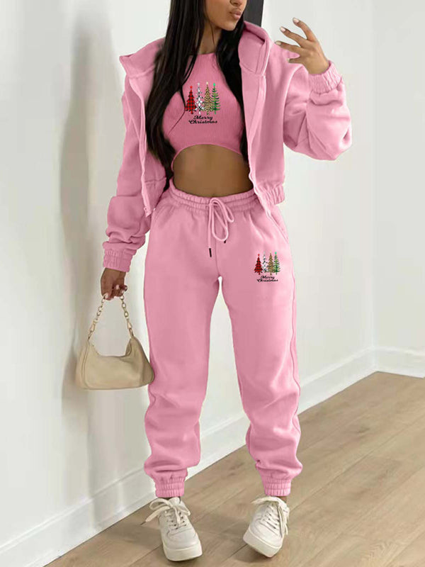 Oakleigh New Velvet Sweatshirt Christmas Tree Print Hooded Sports And Leisure Suit (three-piece set)