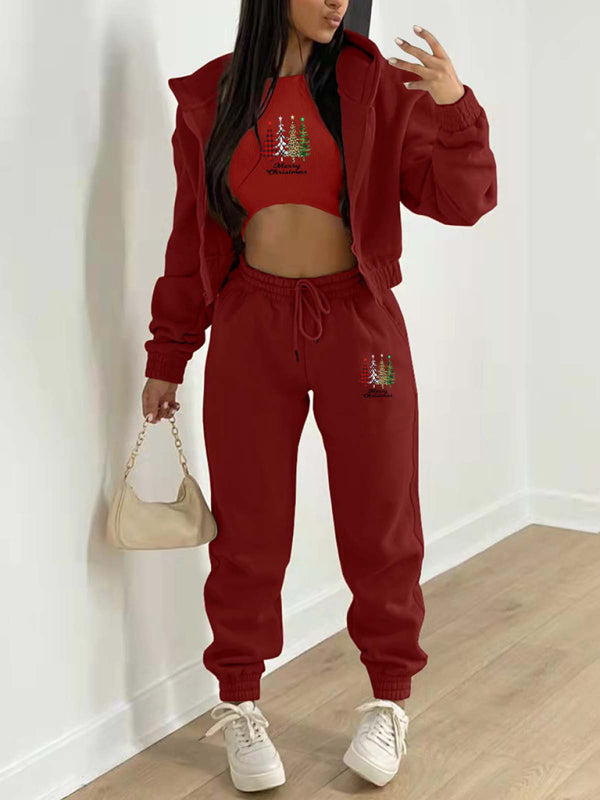Oakleigh New Velvet Sweatshirt Christmas Tree Print Hooded Sports And Leisure Suit (three-piece set)