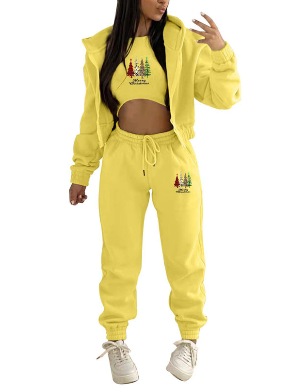 Oakleigh New Velvet Sweatshirt Christmas Tree Print Hooded Sports And Leisure Suit (three-piece set)