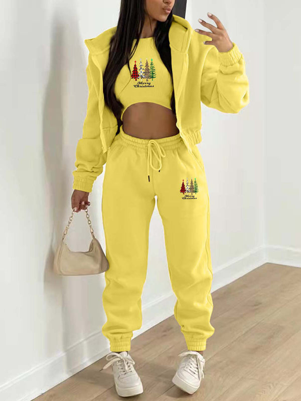 Oakleigh New Velvet Sweatshirt Christmas Tree Print Hooded Sports And Leisure Suit (three-piece set)