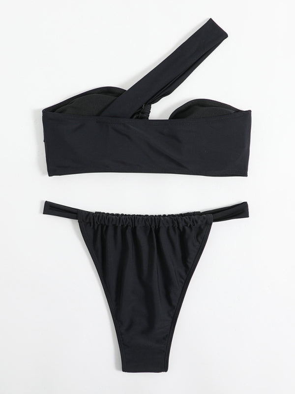 Lila New Solid Color Split Swimsuit One Shoulder Slant Shoulder Solid Color Bikini