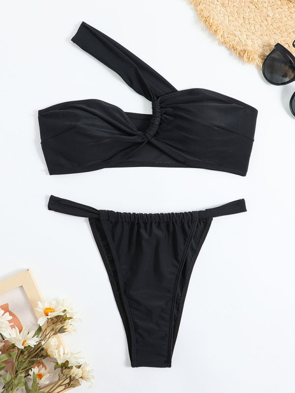 Lila New Solid Color Split Swimsuit One Shoulder Slant Shoulder Solid Color Bikini