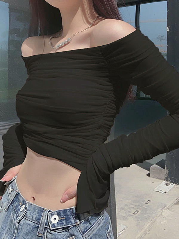 Ashlie Off-The-Shoulder Slim-Fit Mesh Bell-Sleeved Long-Sleeved Navel-Baring T-Shirt