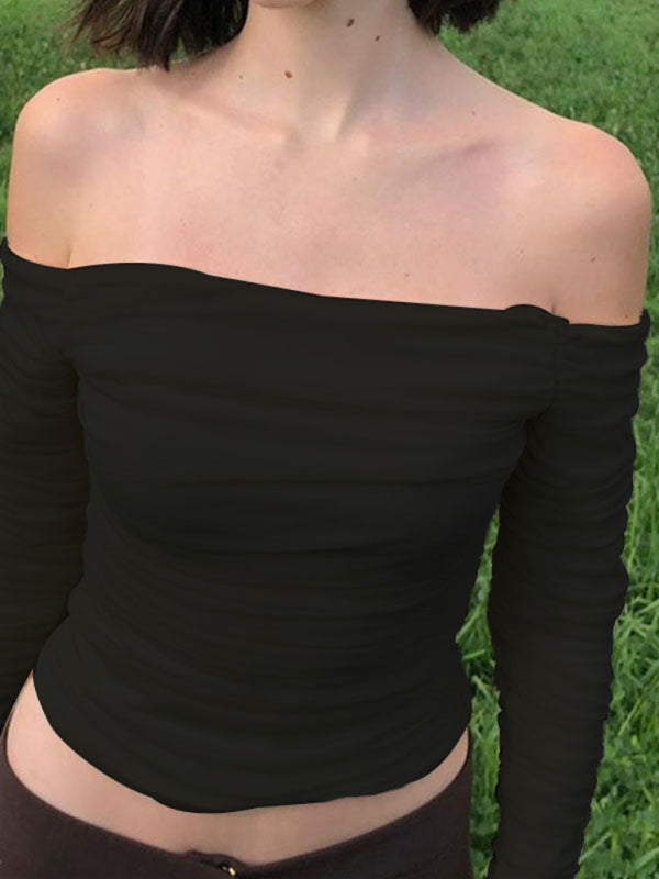 Ashlie Off-The-Shoulder Slim-Fit Mesh Bell-Sleeved Long-Sleeved Navel-Baring T-Shirt