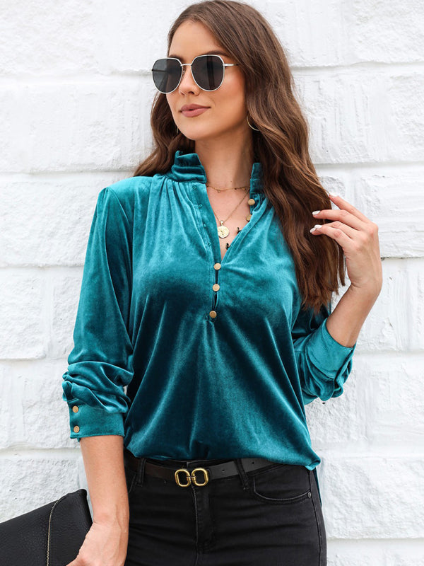 Armelle Women's New Bottoming Shirt Fashionable Stand Collar Long Sleeve Pullover Solid Color Top
