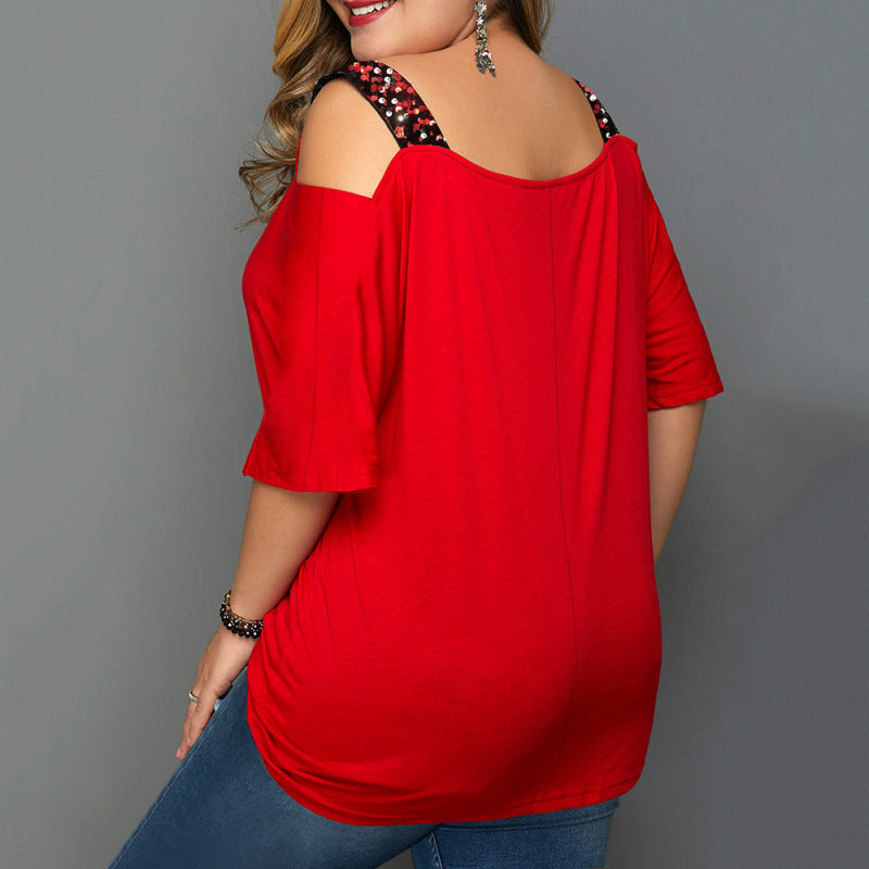 Jillian Christmas Tree Print Off-Shoulder Loose Short-Sleeved Plus Size T-Shirt Top