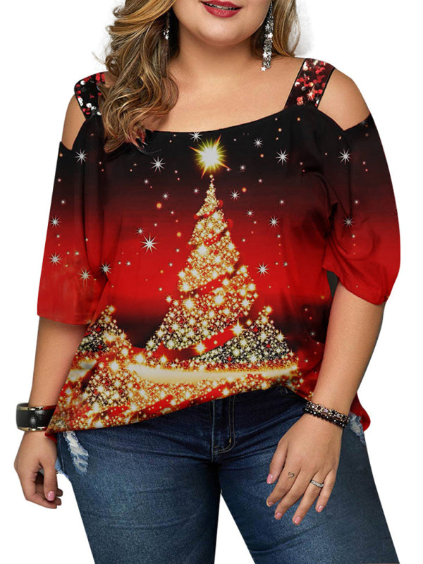 Jillian Christmas Tree Print Off-Shoulder Loose Short-Sleeved Plus Size T-Shirt Top