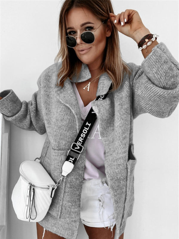 Nikki Women's Suit Collar Large Pockets Loose Knitted Cardigan