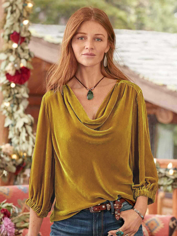 Aerilyn Women's Gold Velvet Three-Quarter Sleeve Elegant Plunging Collar Top