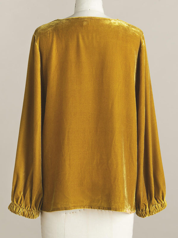 Aerilyn Women's Gold Velvet Three-Quarter Sleeve Elegant Plunging Collar Top