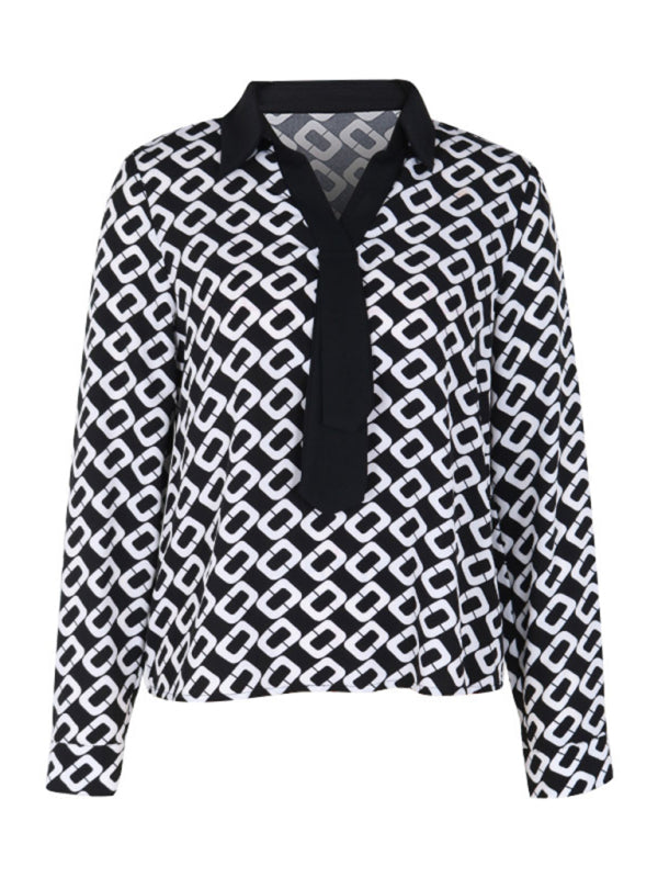 Benicia Women's New V-Lapel Printed Long-Sleeved Shirt