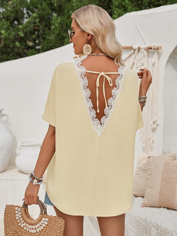 Clarinda Loose Round Neck Solid Color Lace Back Short Sleeve Top For Women