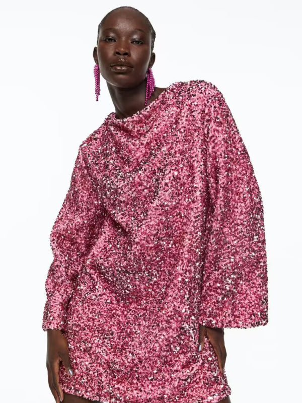 Sage Round Neck Long Sleeve Loose Sexy Sequin Dress