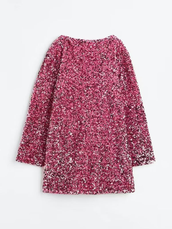 Sage Round Neck Long Sleeve Loose Sexy Sequin Dress