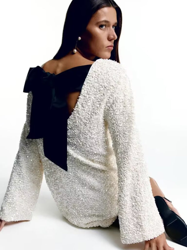 Sage Round Neck Long Sleeve Loose Sexy Sequin Dress
