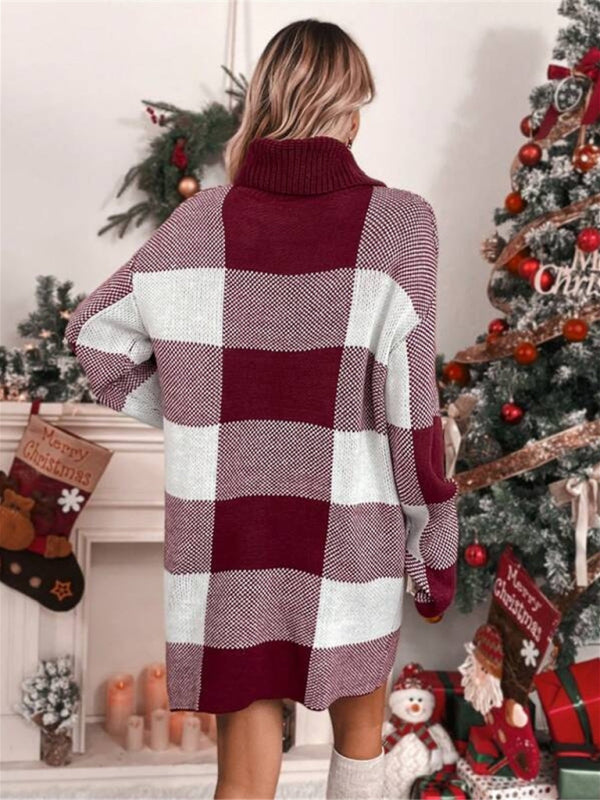 Julia Christmas Turtleneck Loose Slimming Plaid Contrast Sweater Dress