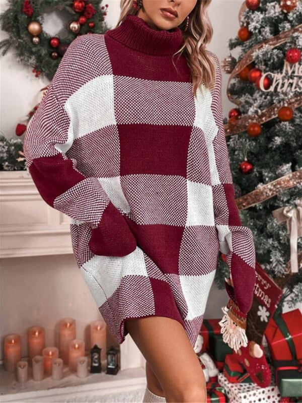 Julia Christmas Turtleneck Loose Slimming Plaid Contrast Sweater Dress