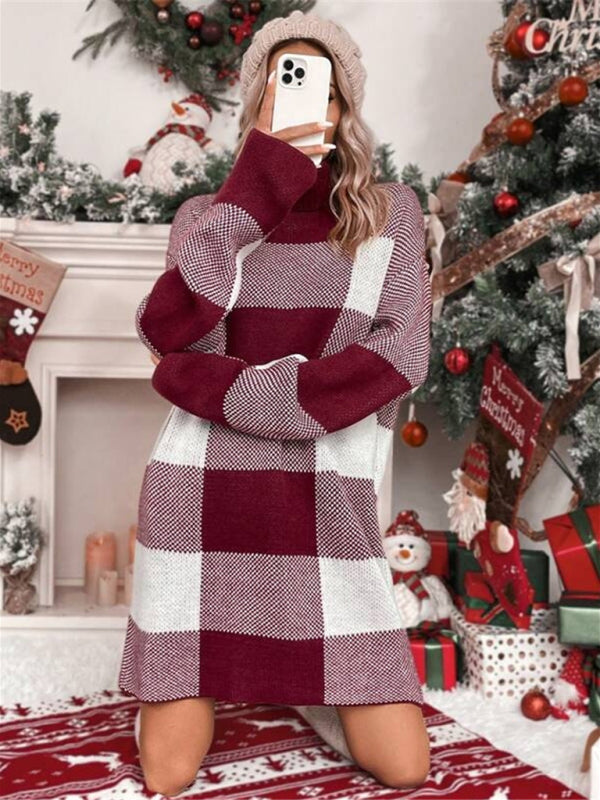 Julia Christmas Turtleneck Loose Slimming Plaid Contrast Sweater Dress