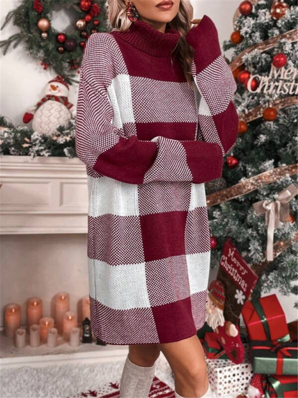 Julia Christmas Turtleneck Loose Slimming Plaid Contrast Sweater Dress