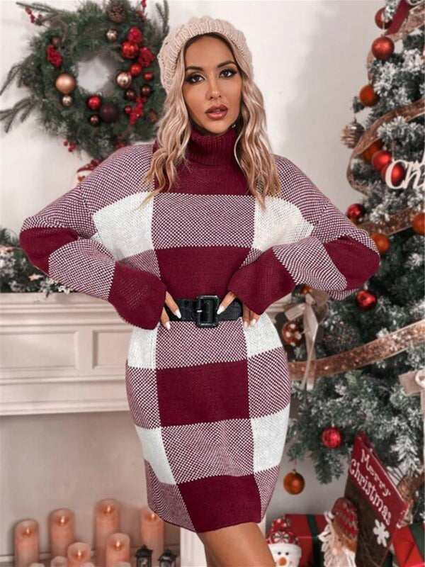 Julia Christmas Turtleneck Loose Slimming Plaid Contrast Sweater Dress