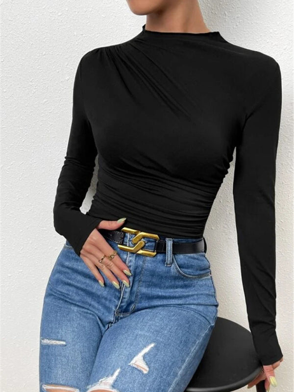 Annabelle Solid Color Slim Fit Versatile Ruffled Design Long-Sleeved T-Shirt Women's Top