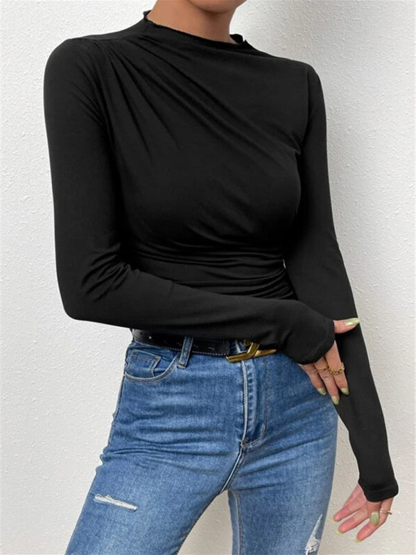 Annabelle Solid Color Slim Fit Versatile Ruffled Design Long-Sleeved T-Shirt Women's Top