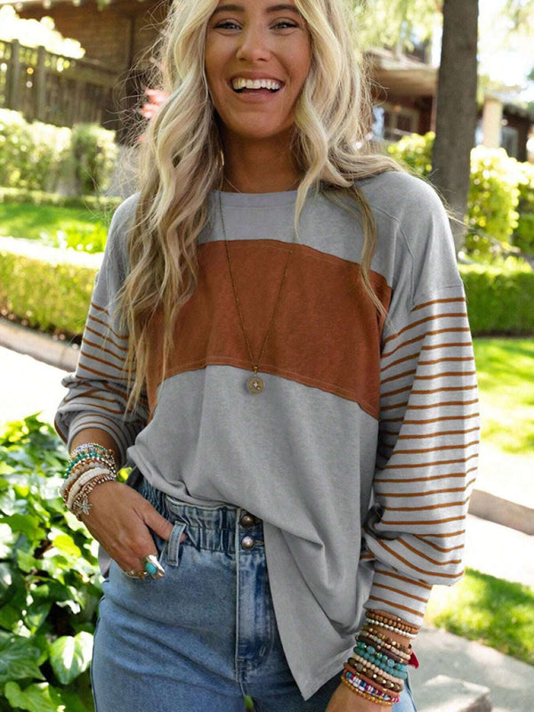 Calliope Pullover Round Neck Casual Striped Contrast Long-Sleeved T-Shirt