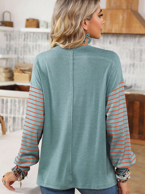 Calliope Pullover Round Neck Casual Striped Contrast Long-Sleeved T-Shirt